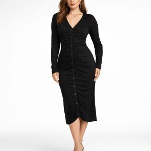 Stateside Dark Feminine Ruched Button Dress Minimalist Long Sleeve Bodycon XS